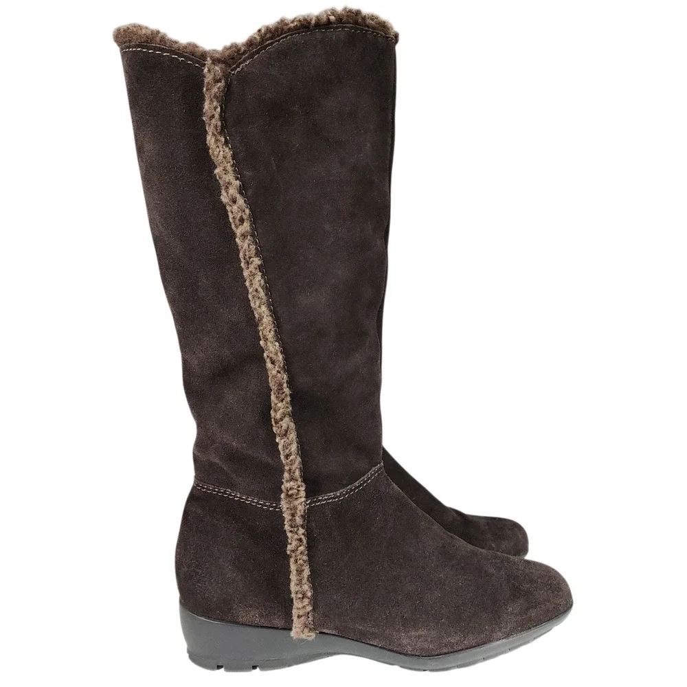 Bandolino Knee High Boot 7M Women Yoelia Brown Suede Faux Fur Lined‎ Wedge 15